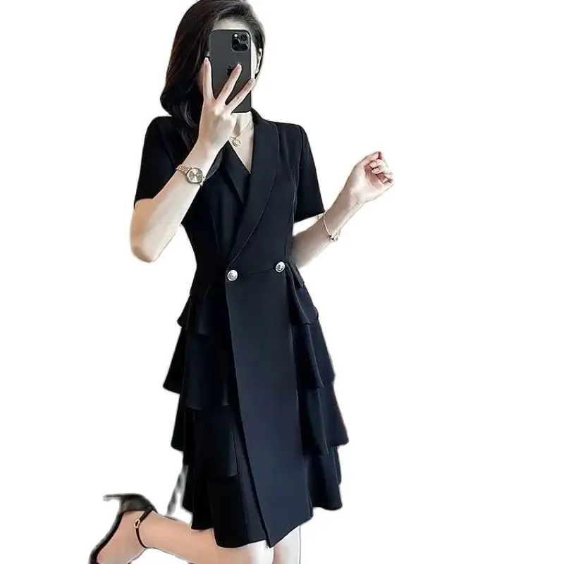 Hepburn Wind Suit Collar Dress Women Summer 2024 New Fashion The Waist Pure Colour Mid-Long A Word Dresss Temperament Female