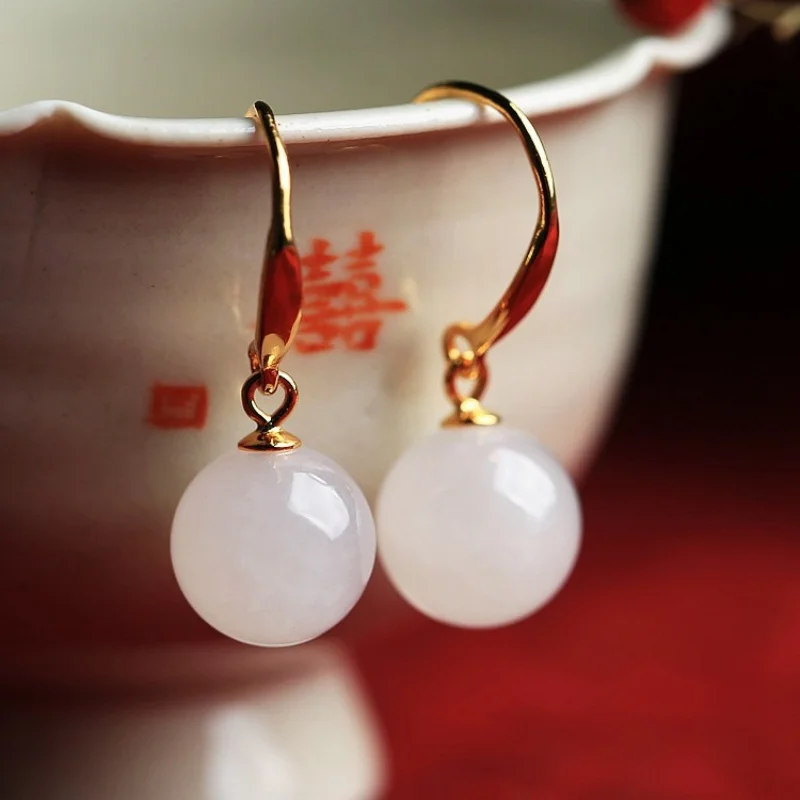 Natürliche Hetian jade runde perle ohrringe Chinesischen stil retro licht elegante edle neue frauen Edelstahl schmuck