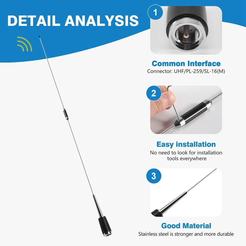 Prata Mobile Car Radio Antena, UHF, 400-470 MHz, 200W, 5.5DB, SL-16, PL-259, Detalhes do Novo