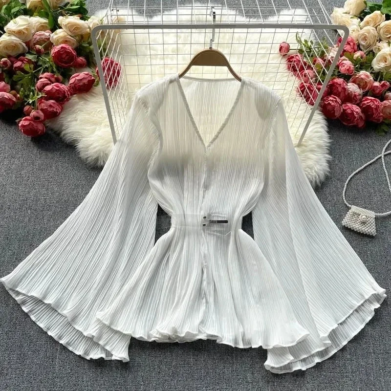

White solid casual pullover v-neck loose flare sleeve folds no belt Women's blouse shirt female clothing tops 2025 fashion