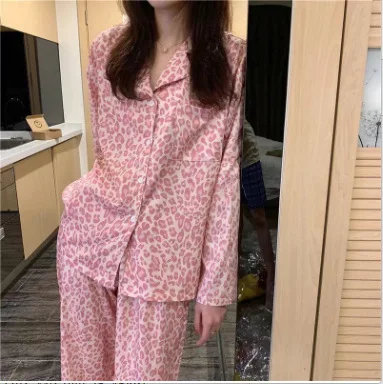 Women's Pajamas Lapel  Cardigan Sleepwear Long Sleeve Top Pants Cartoon Home Clothes Set In Spring and Autumn