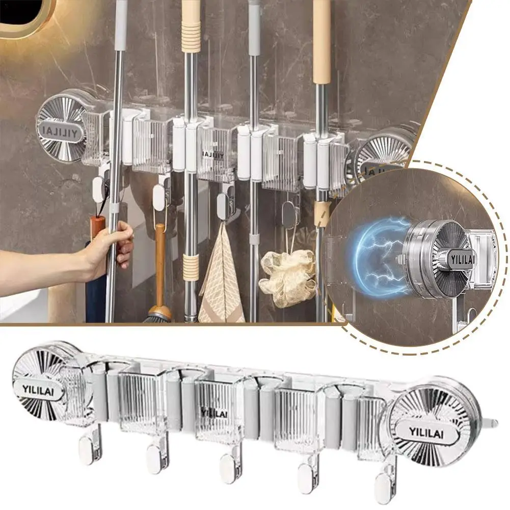 

Suction Cup Storage Bracket Wall Mount Mop Organizer Storage Racks Practical Non-slip Hanger Space-saving For Kitchen Bathroom