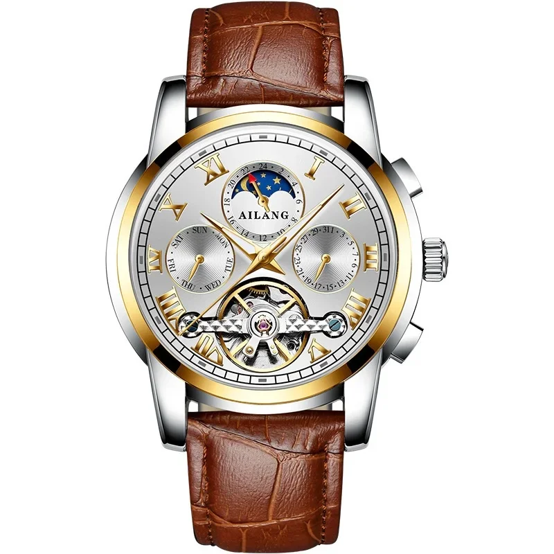 AILANG8508 Men's Automatic Mechanical Watch Rotating Double Second Hand Stainless Steel Leather Band Starry Sky Theme