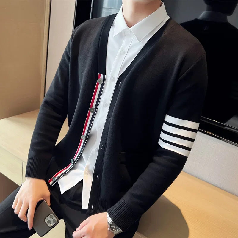 Tb Four-stripe V-neck Knitted Cardigan Loose-fit Classic Crossbody Design Sensibility Brand Men's Trendy Sweater Jacket