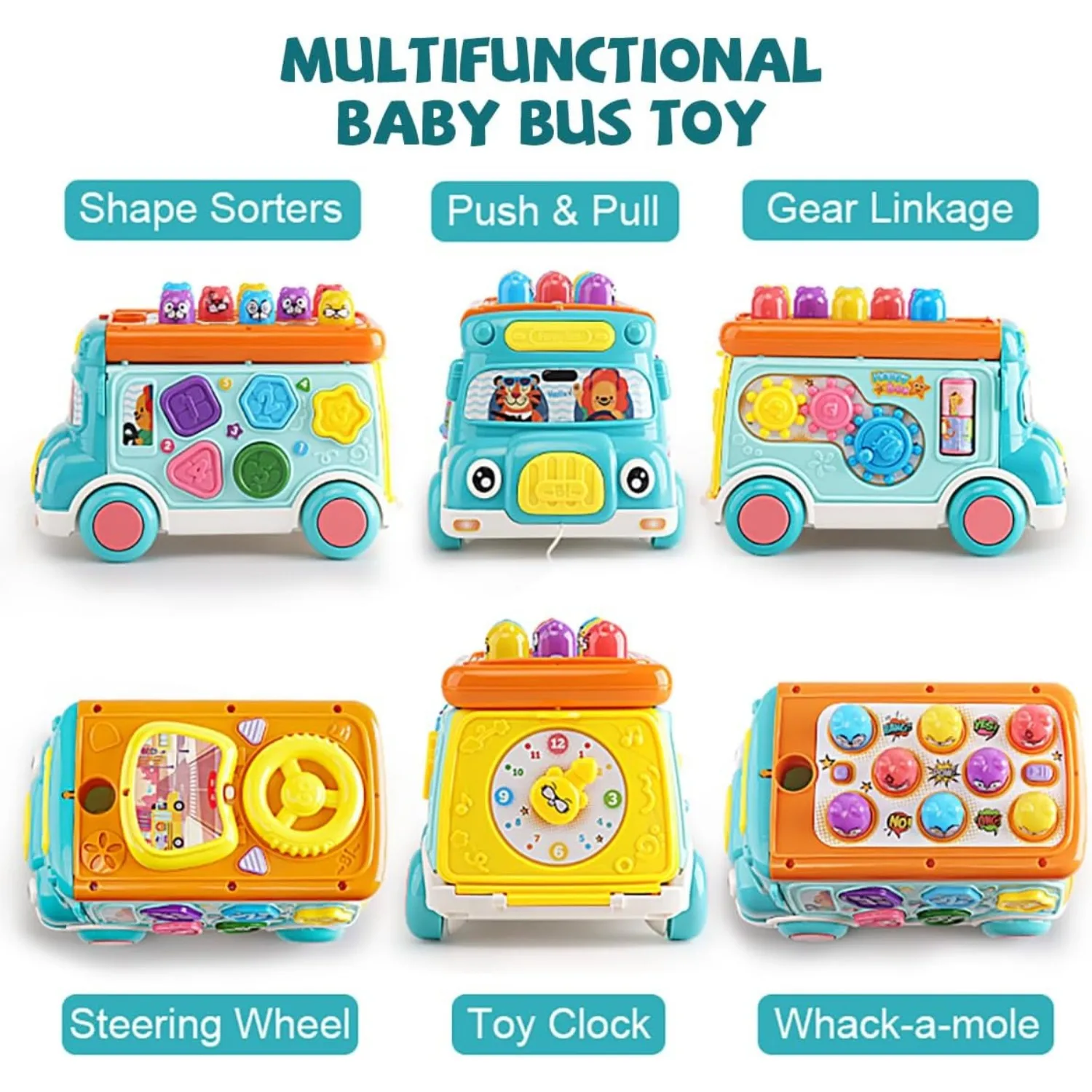 Music Activity Bus Baby Toy with Sound & Light  Shape Sorter Whack-a-Mole Toys Interactive Game Cartoon School Bus for Kids