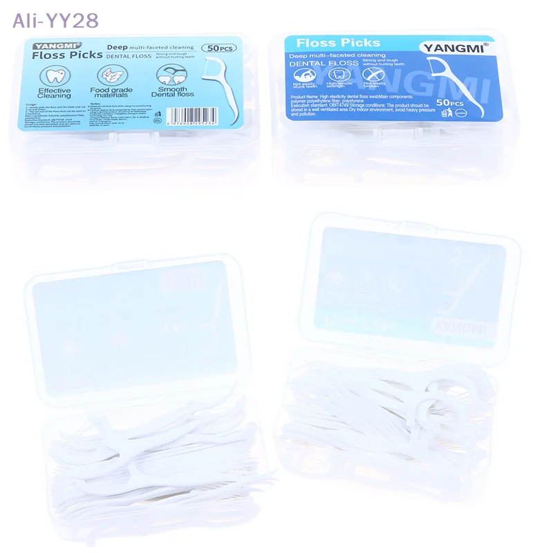 

{YY28} 50Pcs/Box Portable Disposable Dental Floss High-tension Dental Floss Stick Plastic Toothpicks Fresh Smell Oral Care