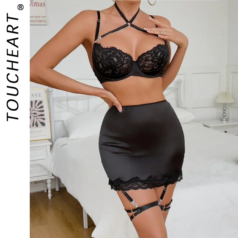

Toucheart Sexy Lingerie Set for Women Mesh Perspective Bra Set Lace Lace Splicing Sexy Hip-pack Skirt Sexy Underwear Garters Set