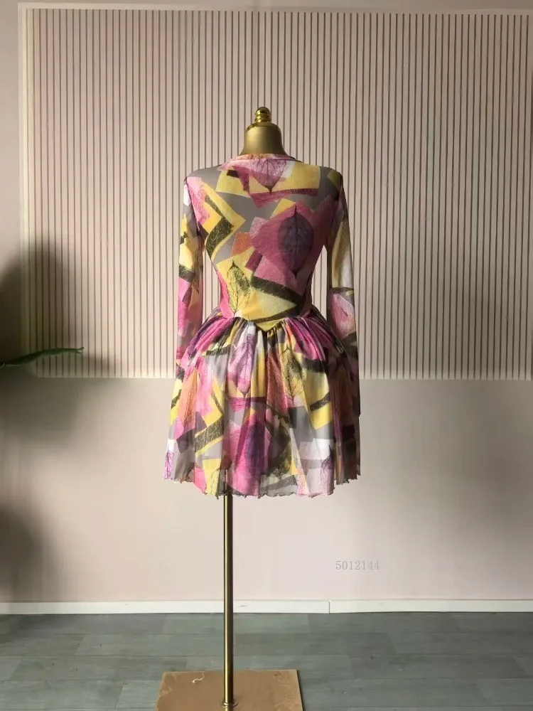 2026 Elegant Women Leaf Floral Print Draped O-neck Long Sleeve Big Swing Smock Dress Birthda Party Education Trendy Dresses