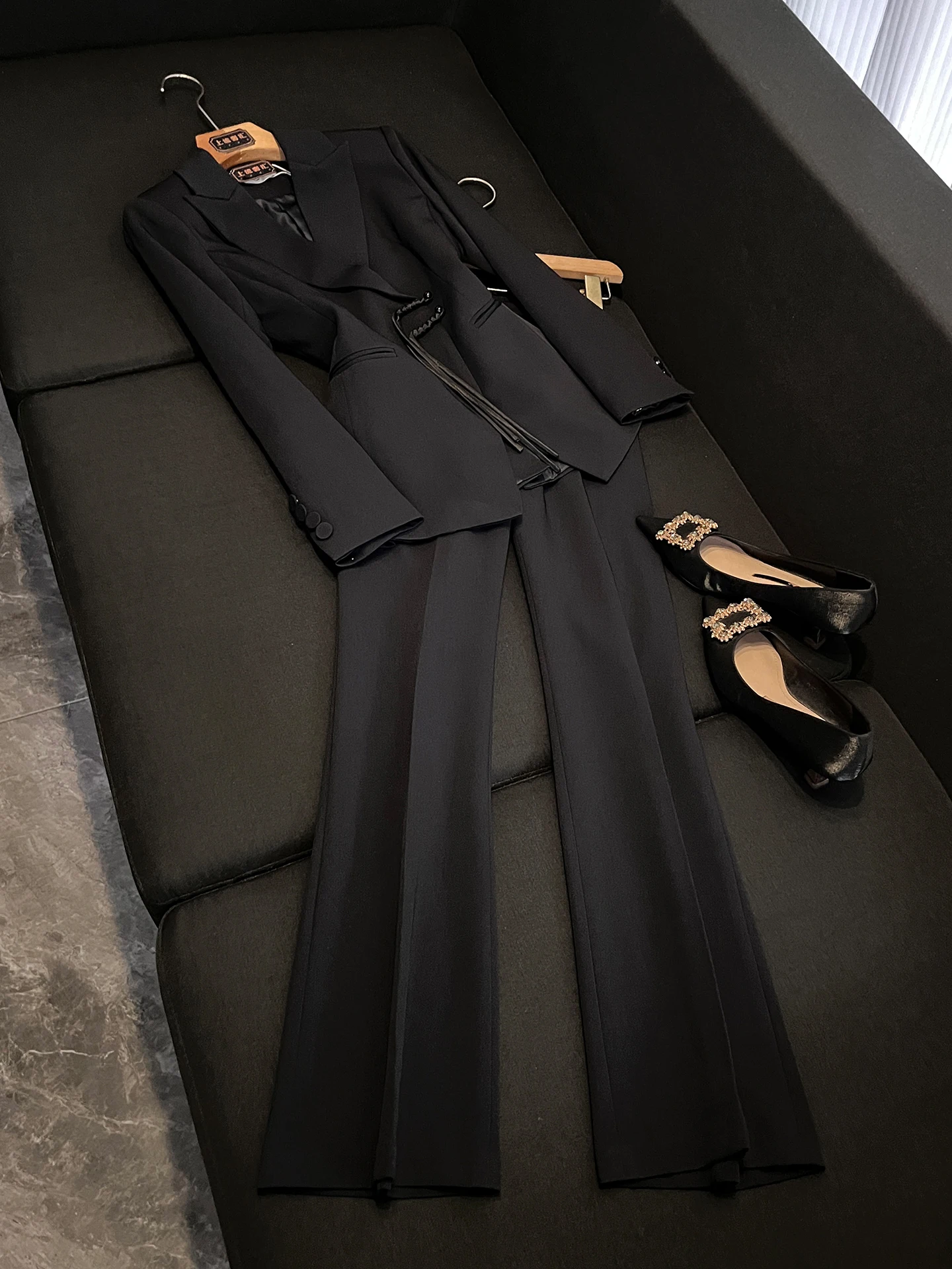 

Black Professional Suit Set Women's Summer New Waist-Cinching Suit Jacket Long Pants Two-Piece Commute Outfit P740