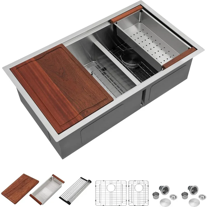 Dcolora 36Inch Large Double Bowl Low-Divide Kitchen Sink Undermount 16 Gauge Stainless Steel 60/40 Split Workstation,36"x19"x10"