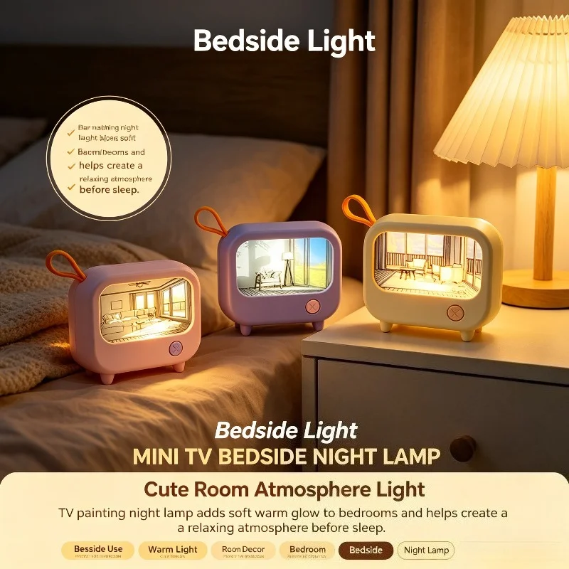 Children Learning Lamp TV Painting Mini Desktop Gift for Boys Girls Kids Room Decoration Bedside Nursery Soft Light Decor