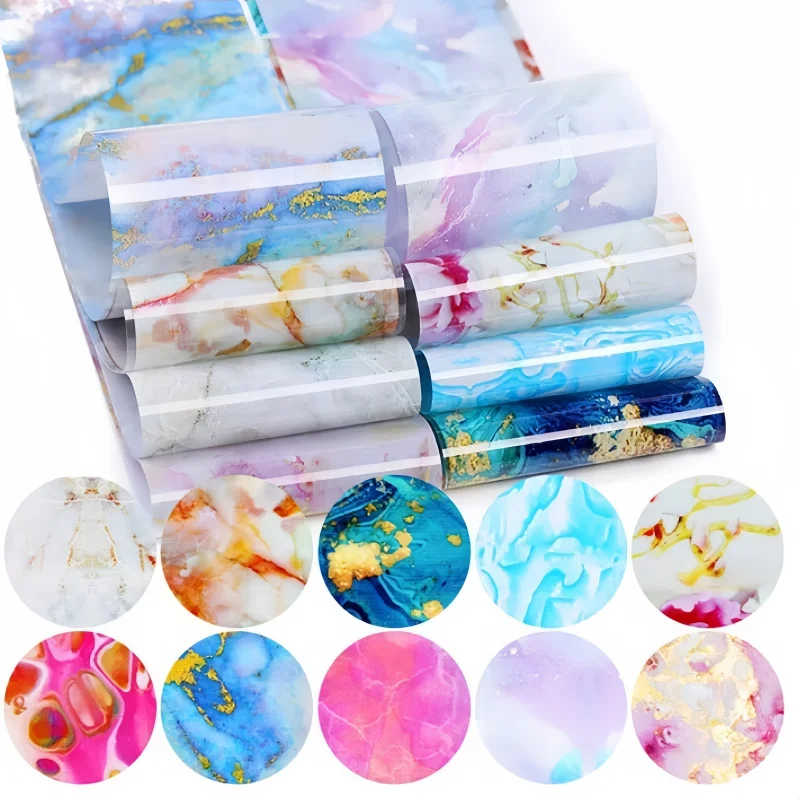 10-Pack Marble Pattern Nail Art Transfer Foils - Fantasy Theme, Glitter, Pre-Pasted, Irregular Shape for Creative Nail Design