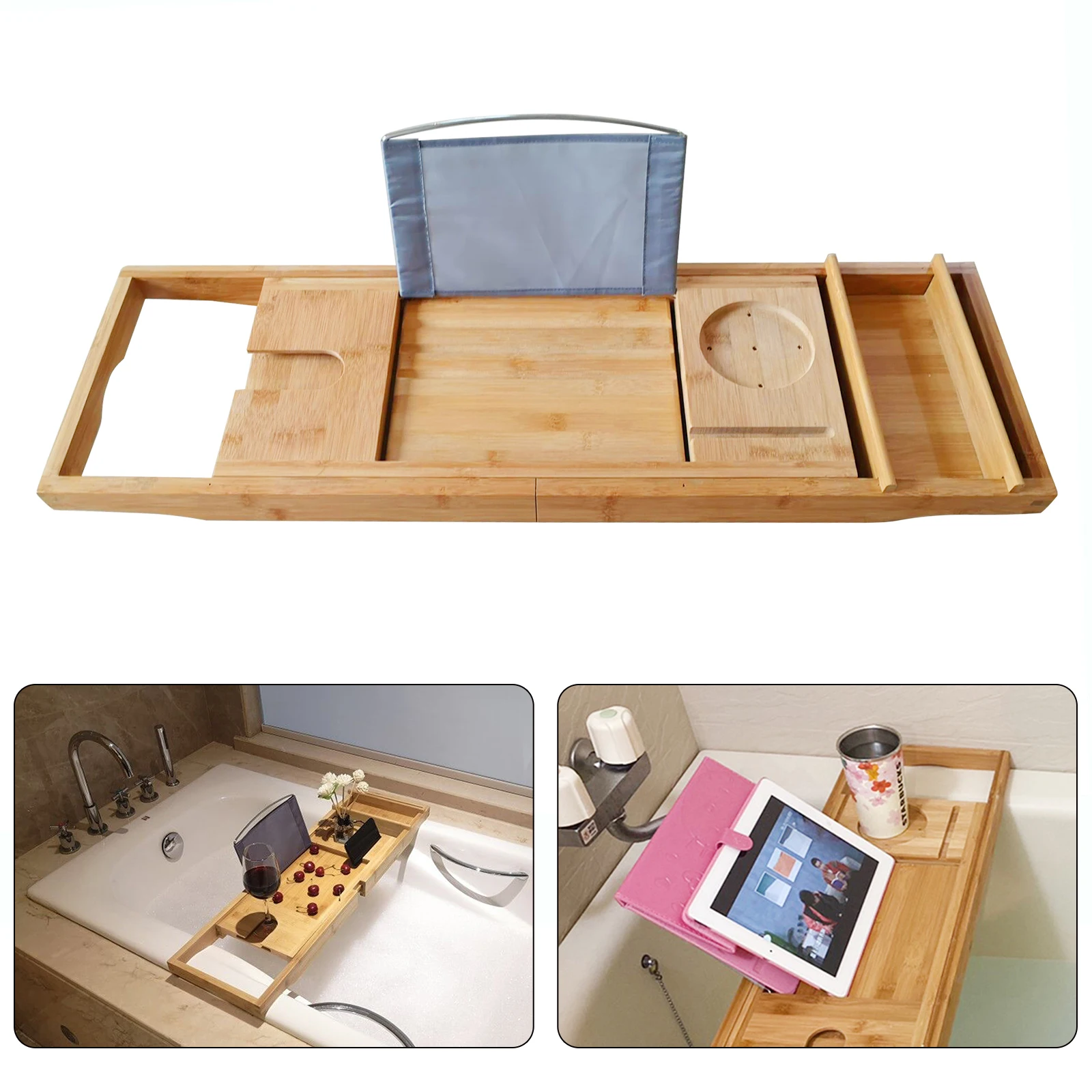 Wooden Bathtub Tray Rectangular Bath Board Stretchable Length Shelf  Tablet/Phone Red Wine Cup Slot Holder Tray