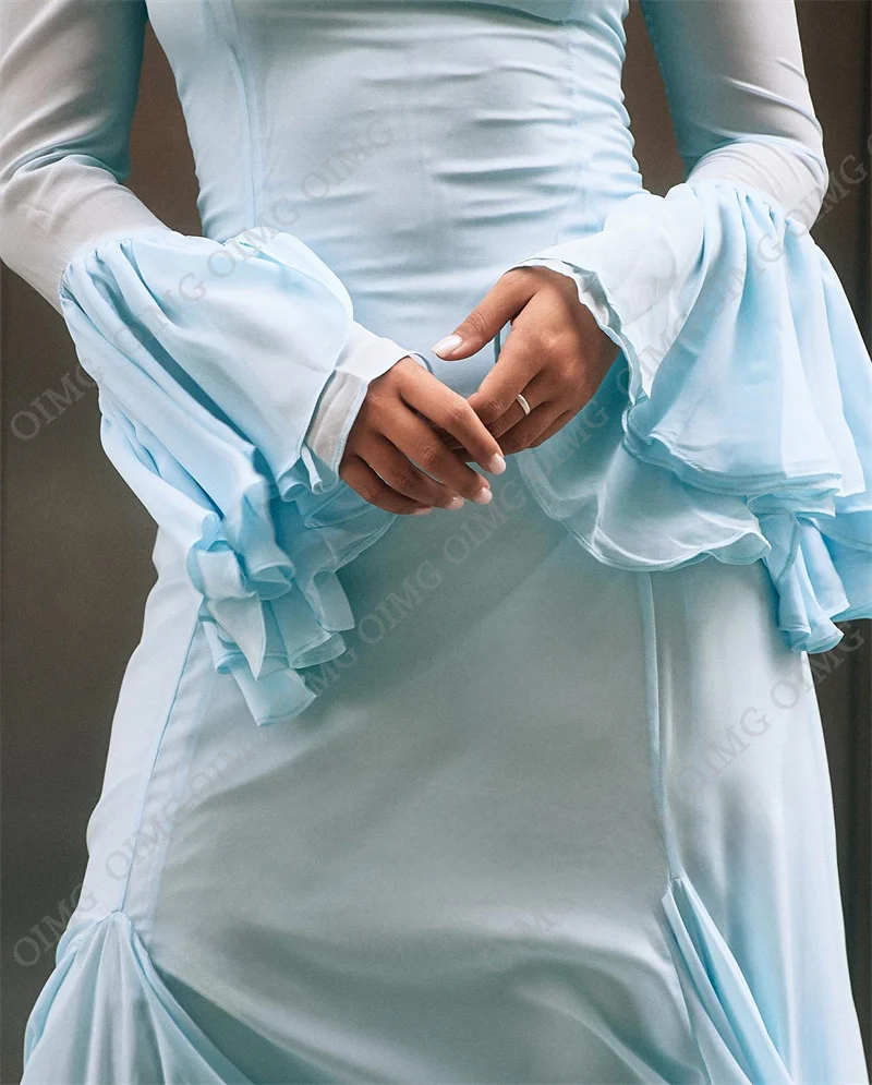 Elegant Ruched Evening Dresses Gown Vestidos De Fiesta Sky Blue Chiffon Full Sleeves Long Prom Gowns Ankle Length For Party