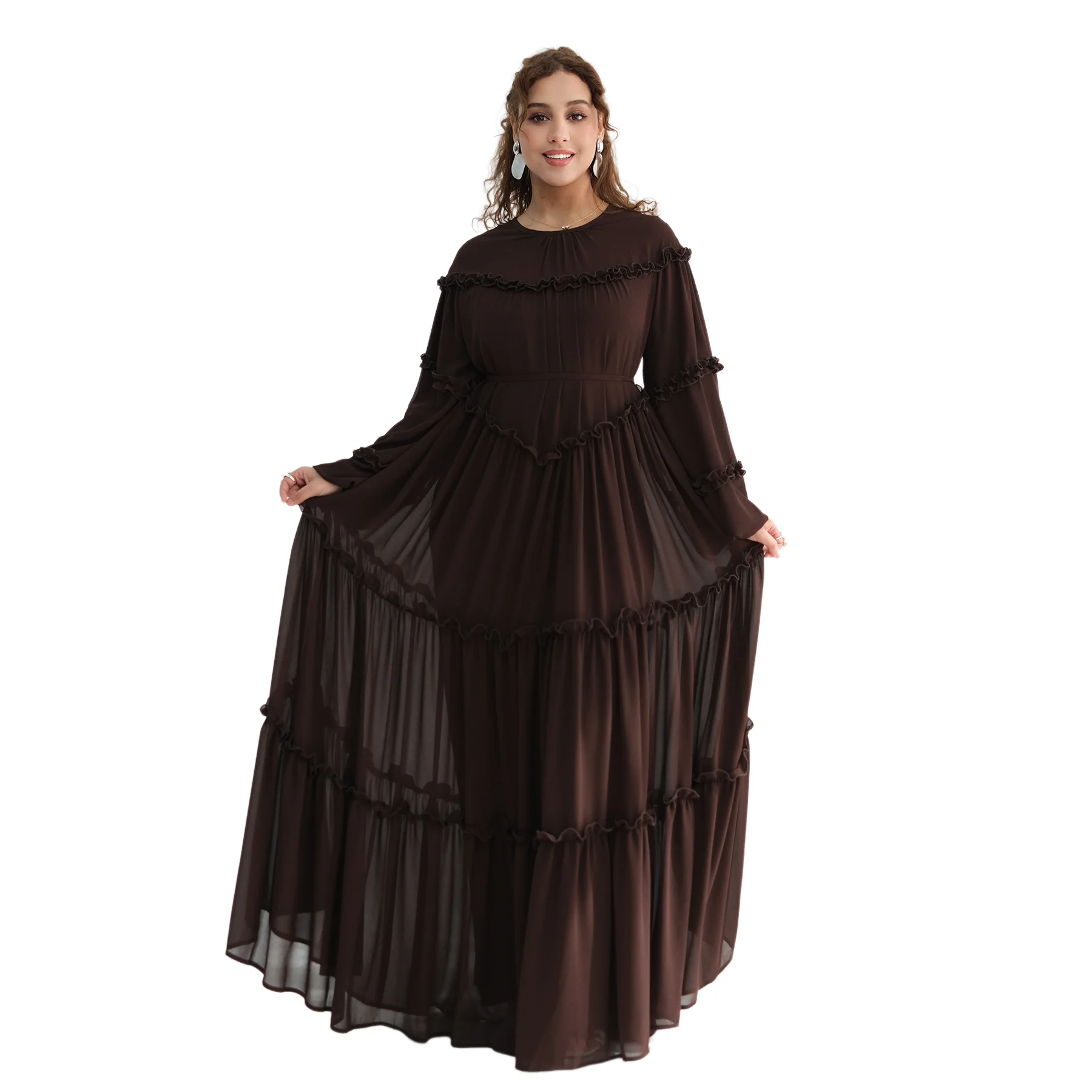 

Мусульманское женское скромное платье макси с оборками и рукавами-фонариками, А-силуэт, длинное, Турция, исламская одежда для женщин, Рамадан, Vestidos