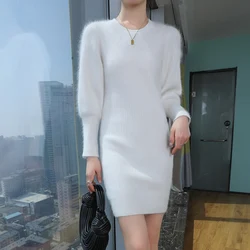 Long Knitted Fashion Round Neck Mink Cashmere Dress Women's Autumn Winter New Wool Warm Pullover Loose Slim Skirt