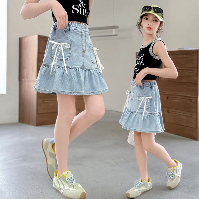 

New Children Denim Skirt with Bow for Fashion Design Girls Brand Jeans Skirt Kids Luxury Haute Couture Elegant Pleated Skirt