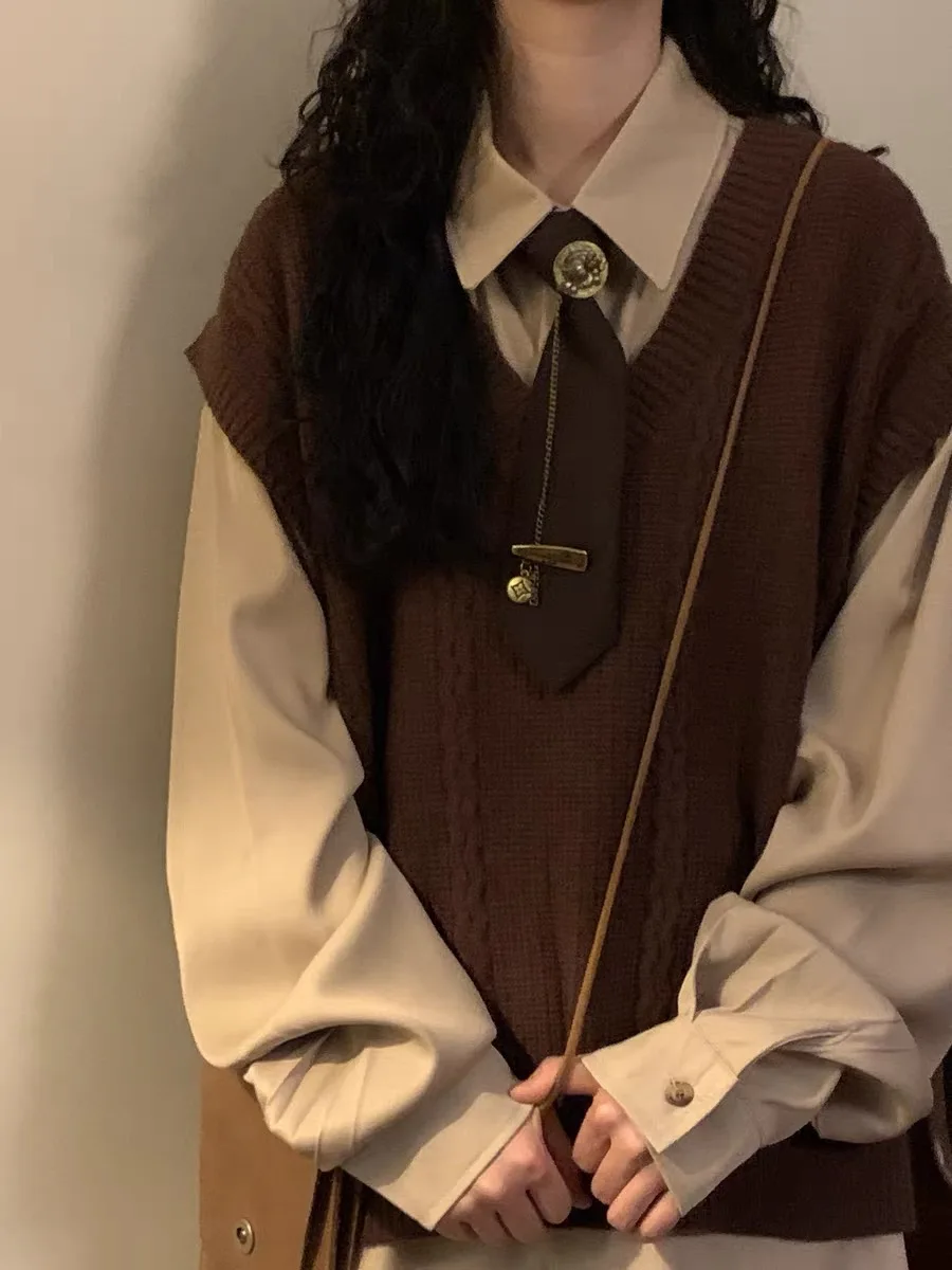 

Retro College Sle Layered Vest Knitwear V-Ne Women's Men's Casual Sweater Autumn Winter Japanese Sle All-Match Commute
