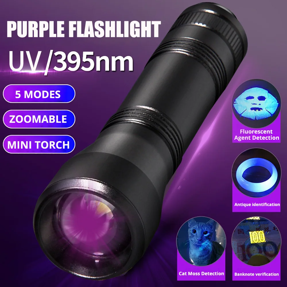 

LED UV Flashlight Purple Flashlights Ultraviolet Torch Zoom 395nm Lamp Fluorescent Agent Detection UV Detection lamp with 18650