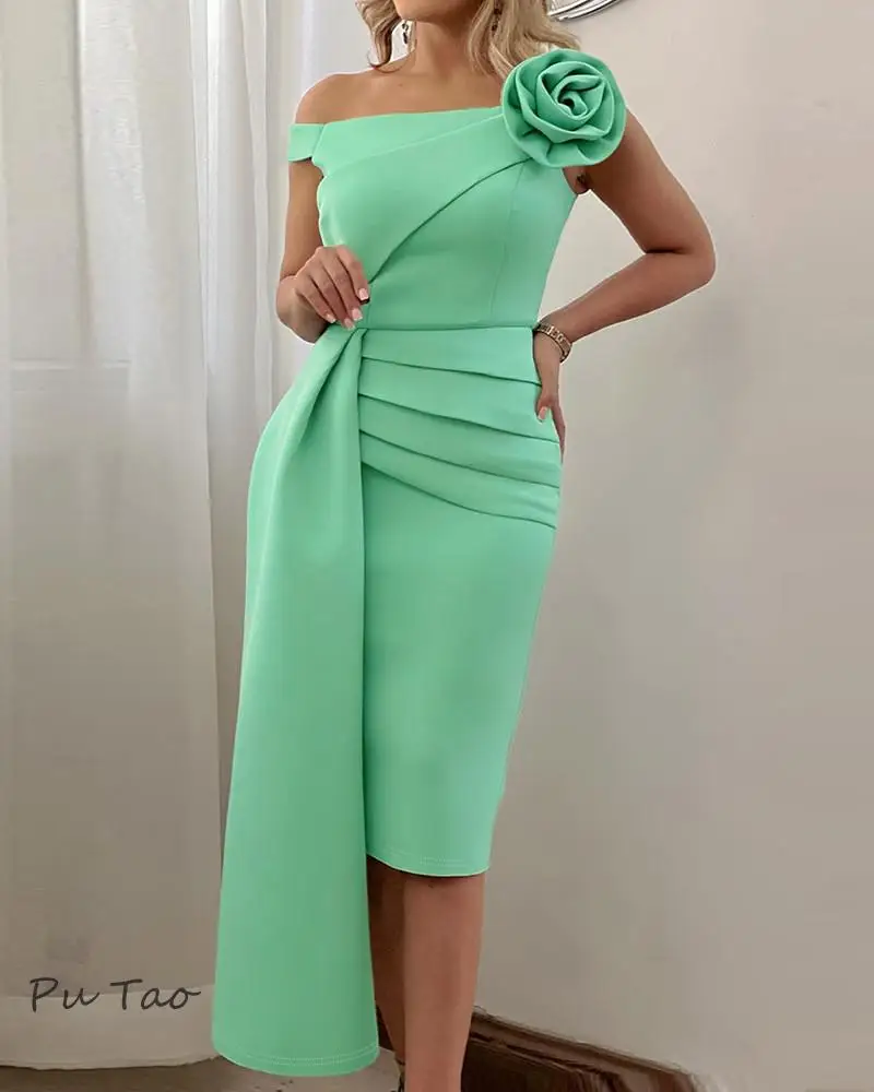 Putao 2024 Formal Evening Dress Mint Green Off-shoulder Three-dimensional Flower Prom Dress Asymmetric Gathers Dress Skirt