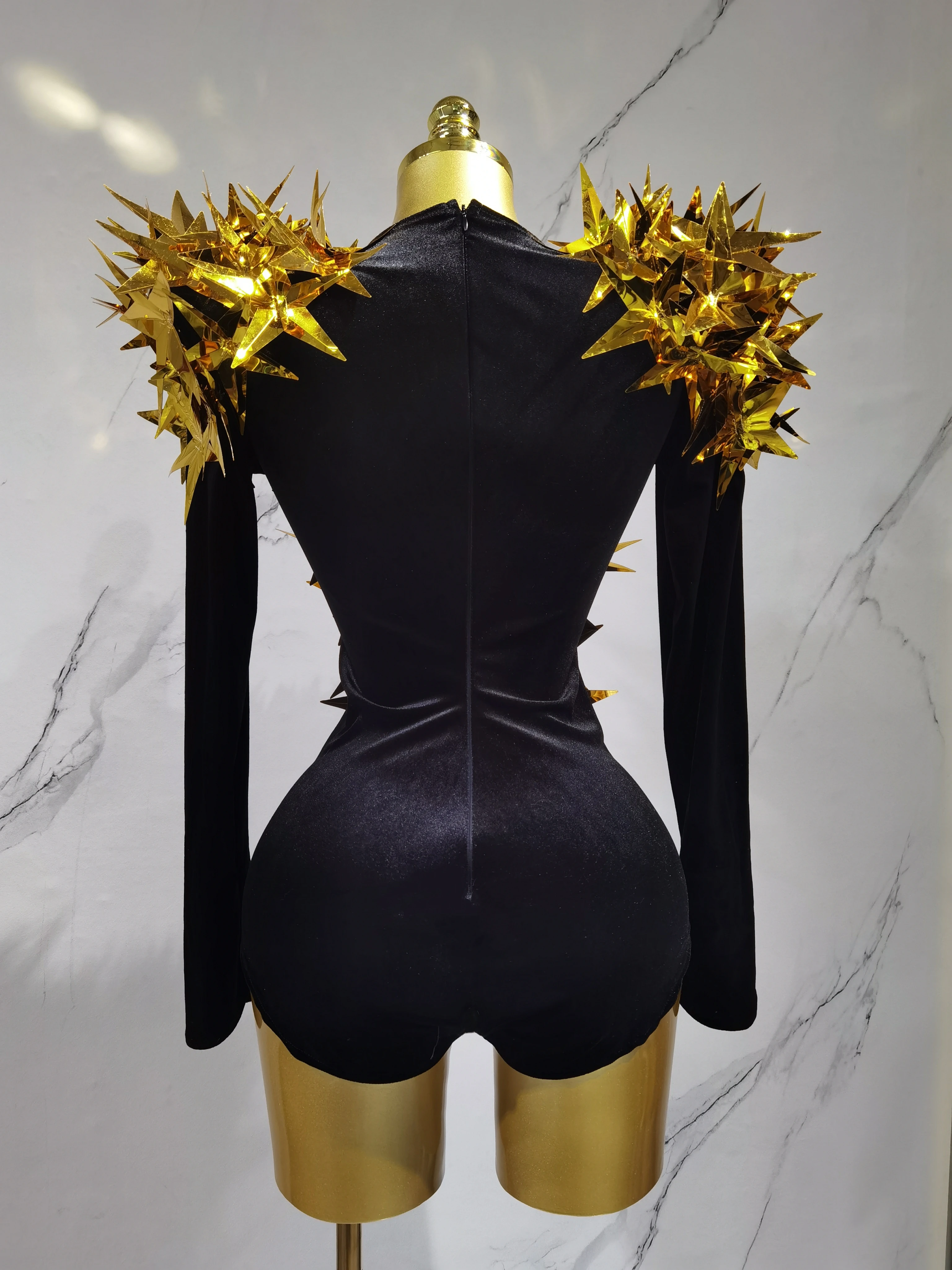 Glänzendes Gold-Strasskleid für Damen, Schwarzer Langarm-Bodysuit für Abendpartys, Club-Hostessen, Nachtbars, Bühnenauftritte, Kostüme 2026 – Detail 10
