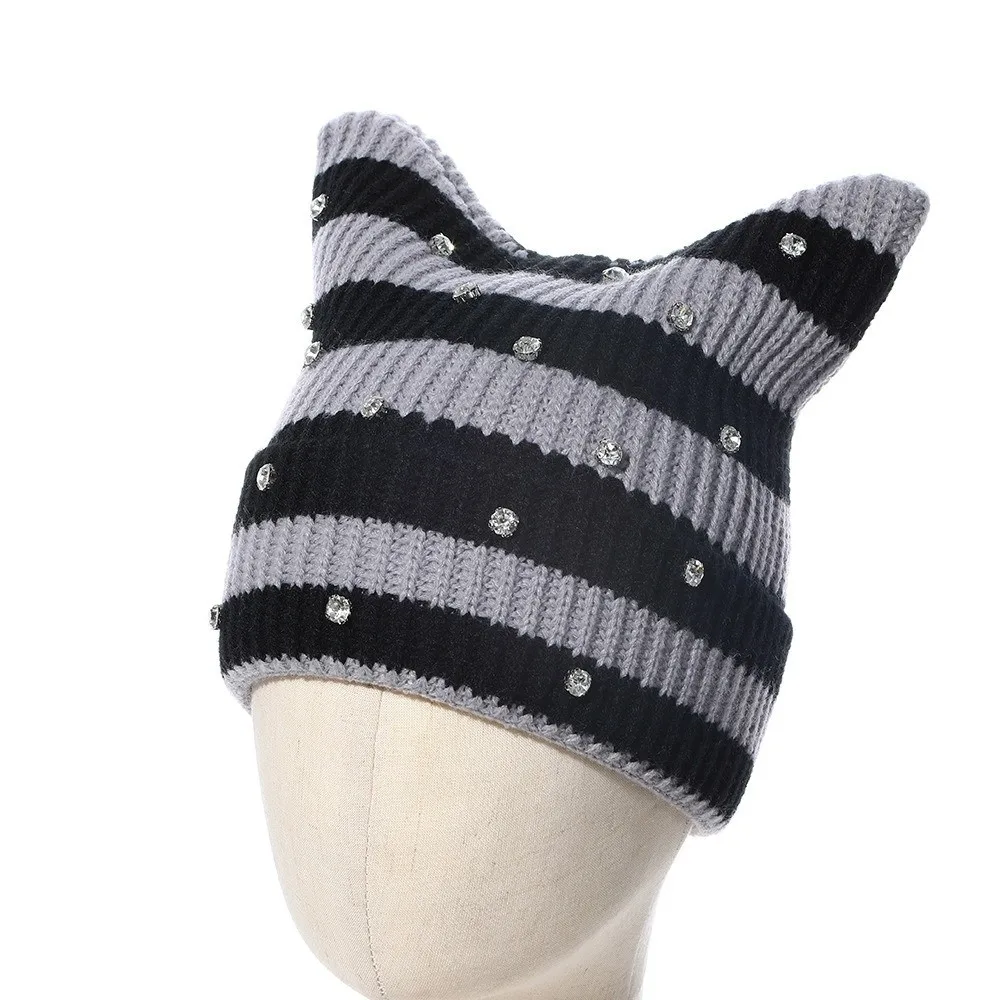 New Yarn Cat Ear Beanie Stretchable Knit Y2K Harajuku Knitted Beanie Hat Punk Gothic Crystal Striped Hat Spring Autumn Winter