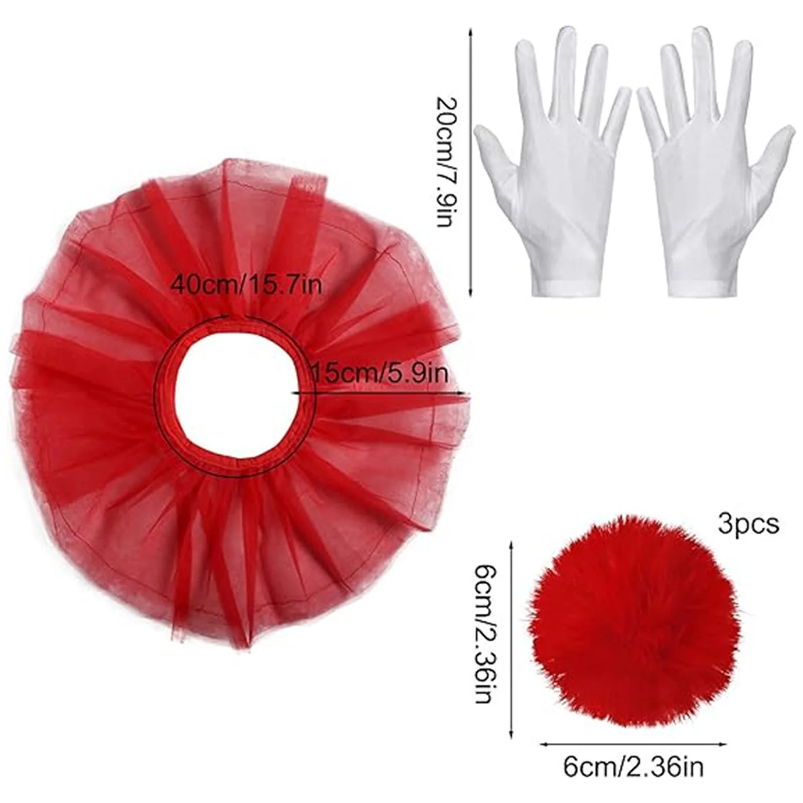 Clown Tulle Faux Collar Gloves and 3pcs Pompoms Costume Accessories for Jester Themed Party Halloween Cosplay Circus Performance