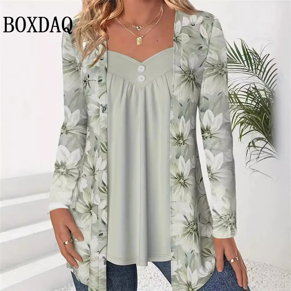 2024 Jesienno-zimowe bluzki z długim rękawem Moda damska Plus Size Eleganckie patchworkowe koszule z nadrukiem Fałszywe dwuczęściowe luźne topy