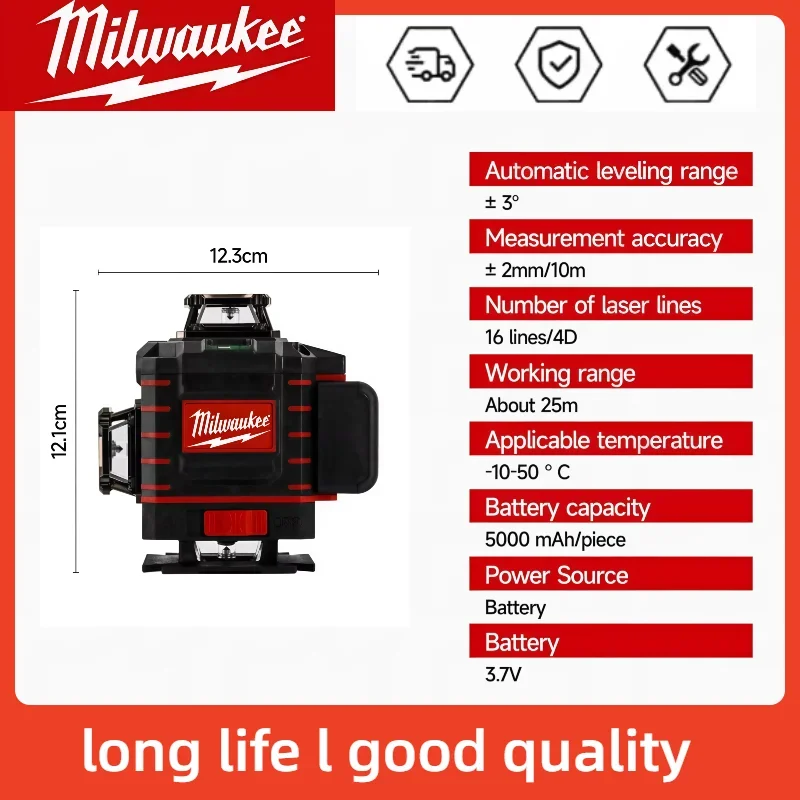 밀워키 레이저 레벨 4면*360도 수직 4.2V 3-4D 16라인 그린 빔 자동 수평 조절 수직 교차선 레이저
