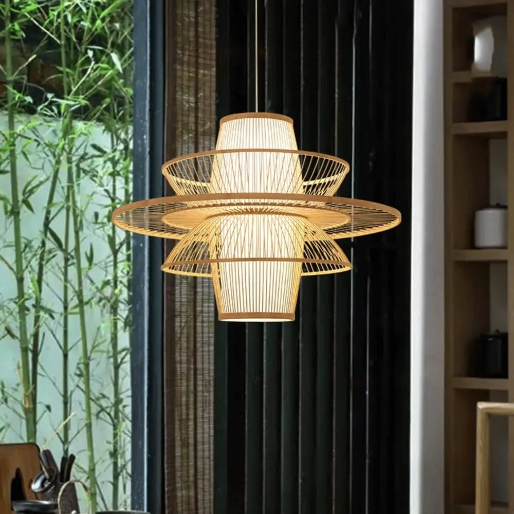

Chinese Style Natural Bamboo Pendant Light Chandelier Crafts Lampshade Hanging Lamp Fixture for Living Room Dining Room