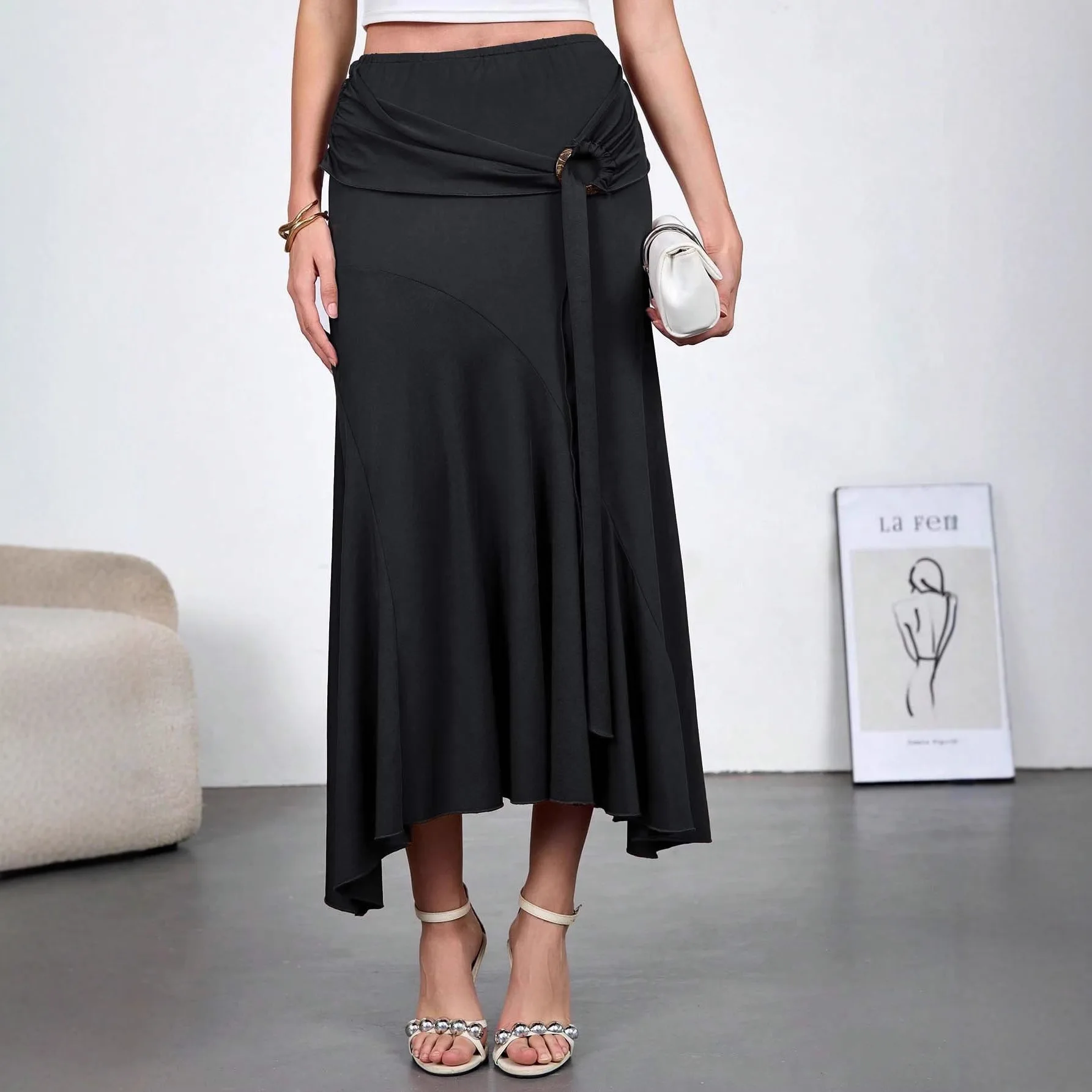 

Elegant High Waist Wooden Decorative Sash Women's Skirt Spring 2026 PVC Fabric Asymmetrical Skirt Polyester Fiber