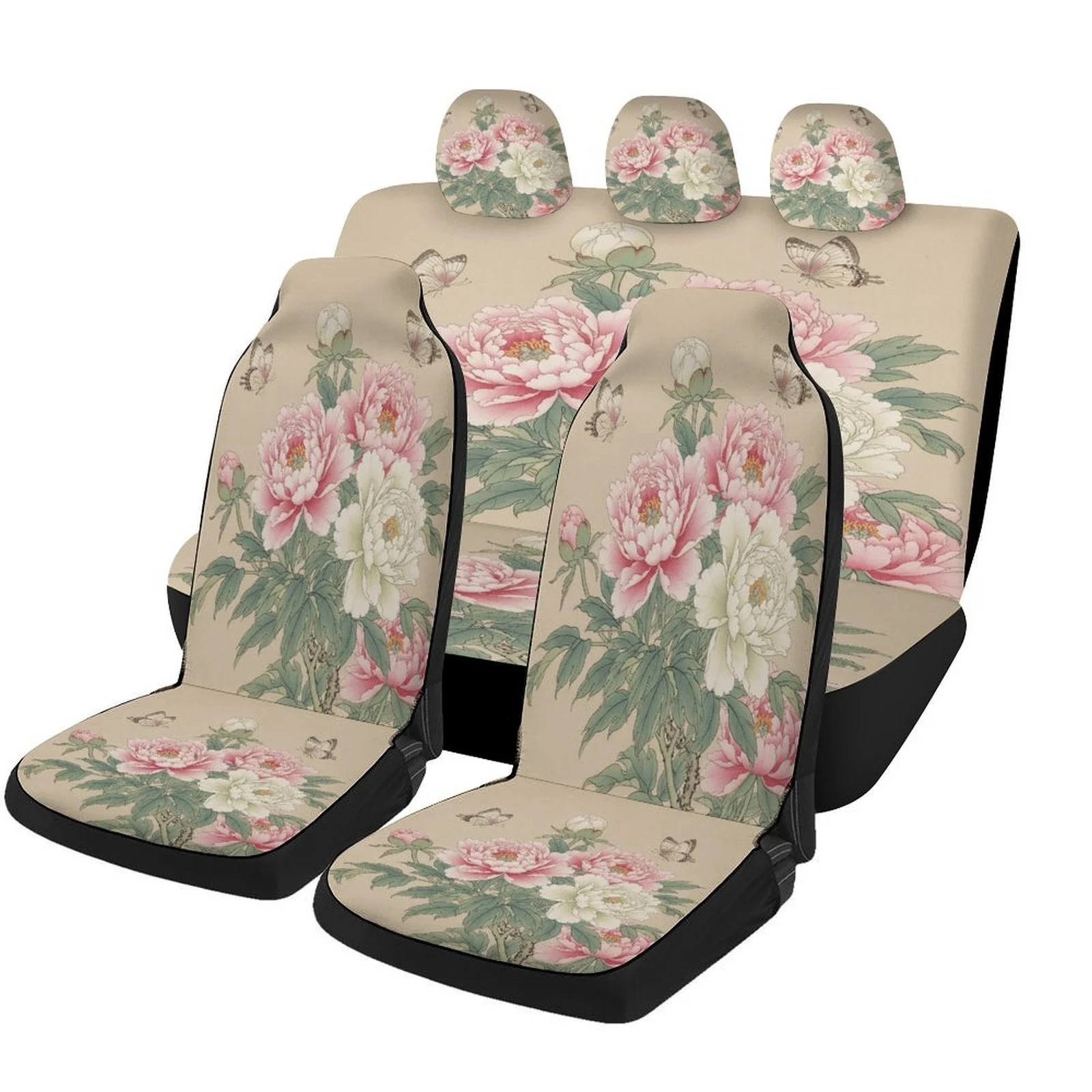 Peony Blossoms Car Seat Covers Set - Elegant Floral Design, Breathable Polyester, Fit For Most Cars, Includes Front & Rear Seat