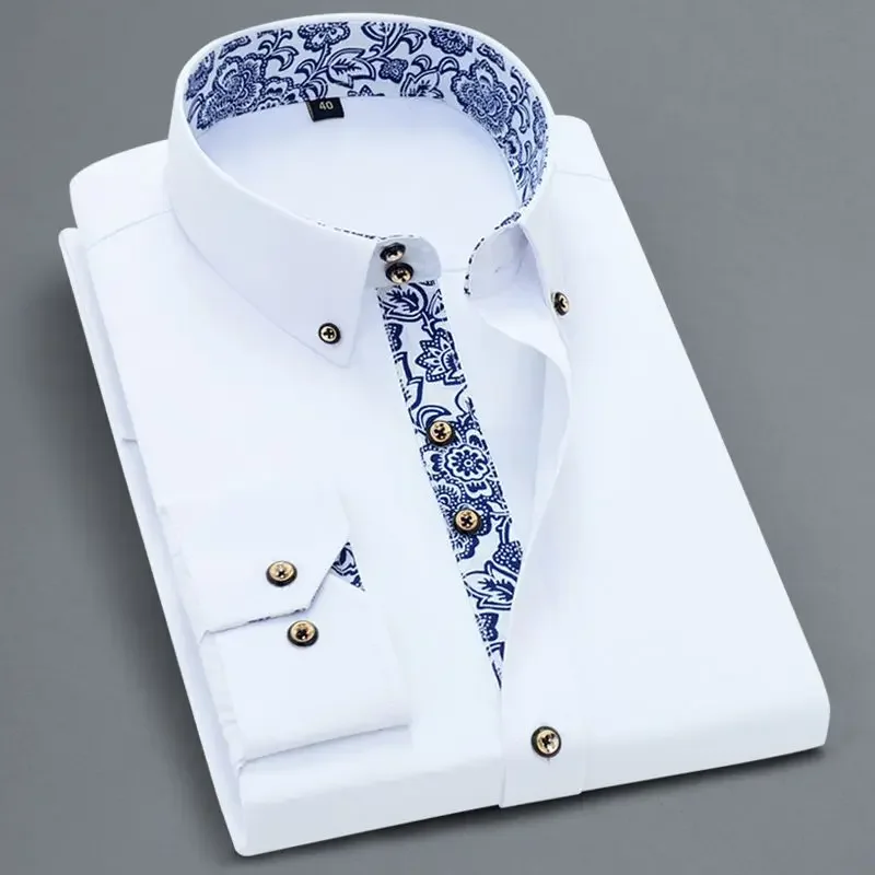 Classic Long Sleeve Shirts for Men's Business Activities Button Up Men's Dress Shirt with Regular Fit White Shirt Plus Size 5XL