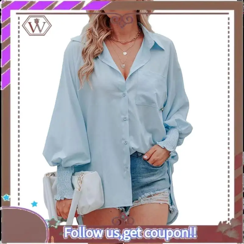 

A95D-Женские полосатые рубашки на пуговицах с воротником-фонариком и длинными рукавами, большие блузки со сборками и карманом