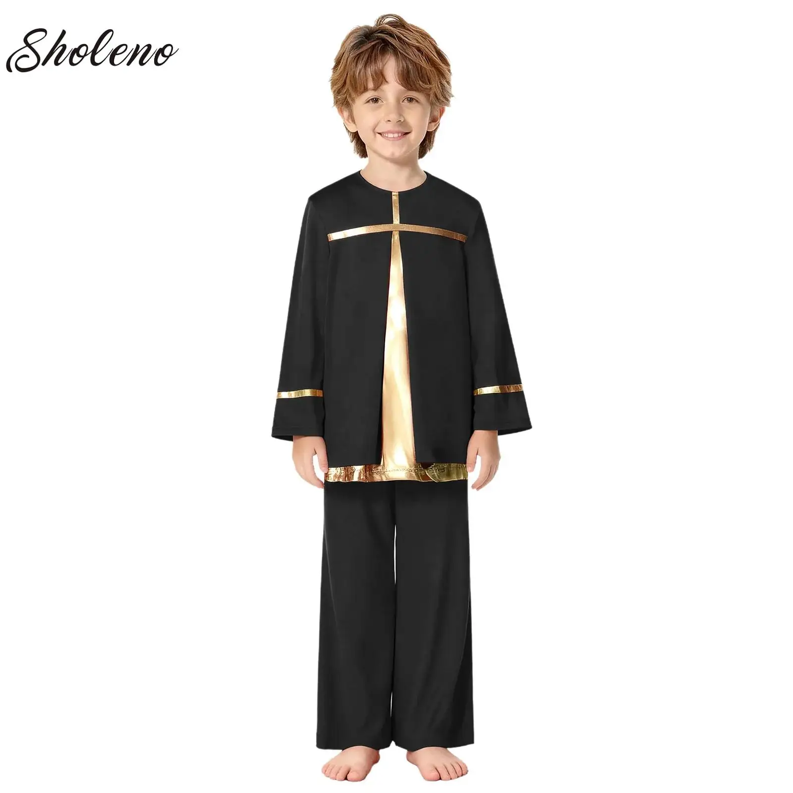 

Kids Boys Liturgical Praise Dance Outfit Modern Dancewear Long Sleeve Color Block Metallic Patchwork Top +Wide-Leg Pants Sets