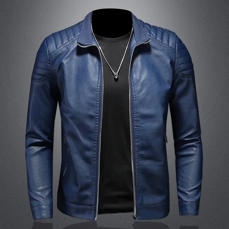 Autumn New Stand Collar Men Jackets Outdoor Windproof Zipper Coats Fashion Trend Slim Fitting PU Leather Jacket Black All-match