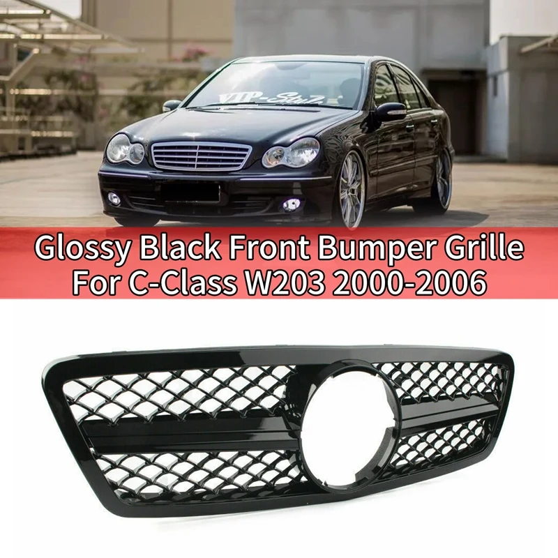 

Car Front Bumper Grille Grill Glossy Black For Mercedes-Benz C-Class W203 C280 C320 C240 C200 C63 2000-2006