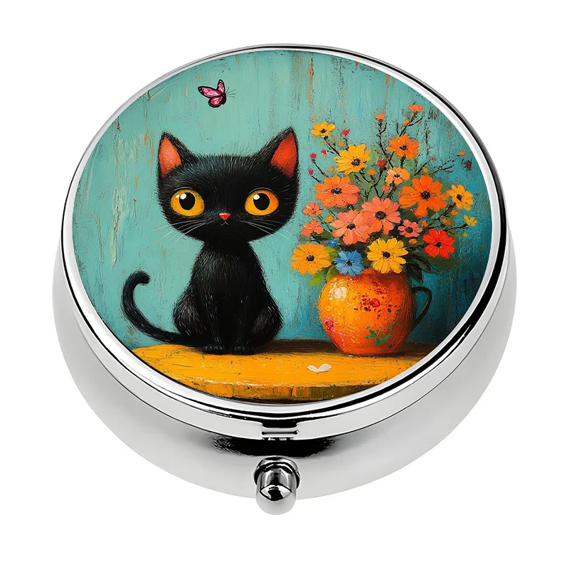 1 Pill Box with 3 Compartments, Cute Black Cat and Flower Themed Mini Pill Container, Pill Organizer, Unique Travel Gift
