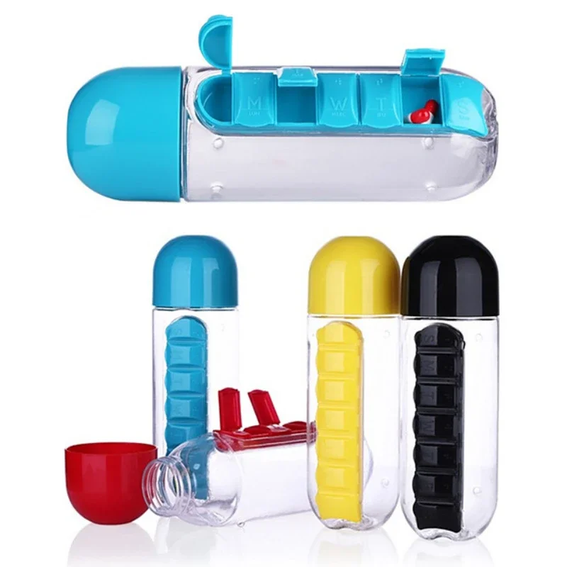 

600ml Seven Grid Medicine Box Water Cup 2-in-1 Sports Water Bottle Combination Daily Pill Box Portable Medicine Box Water Bottle