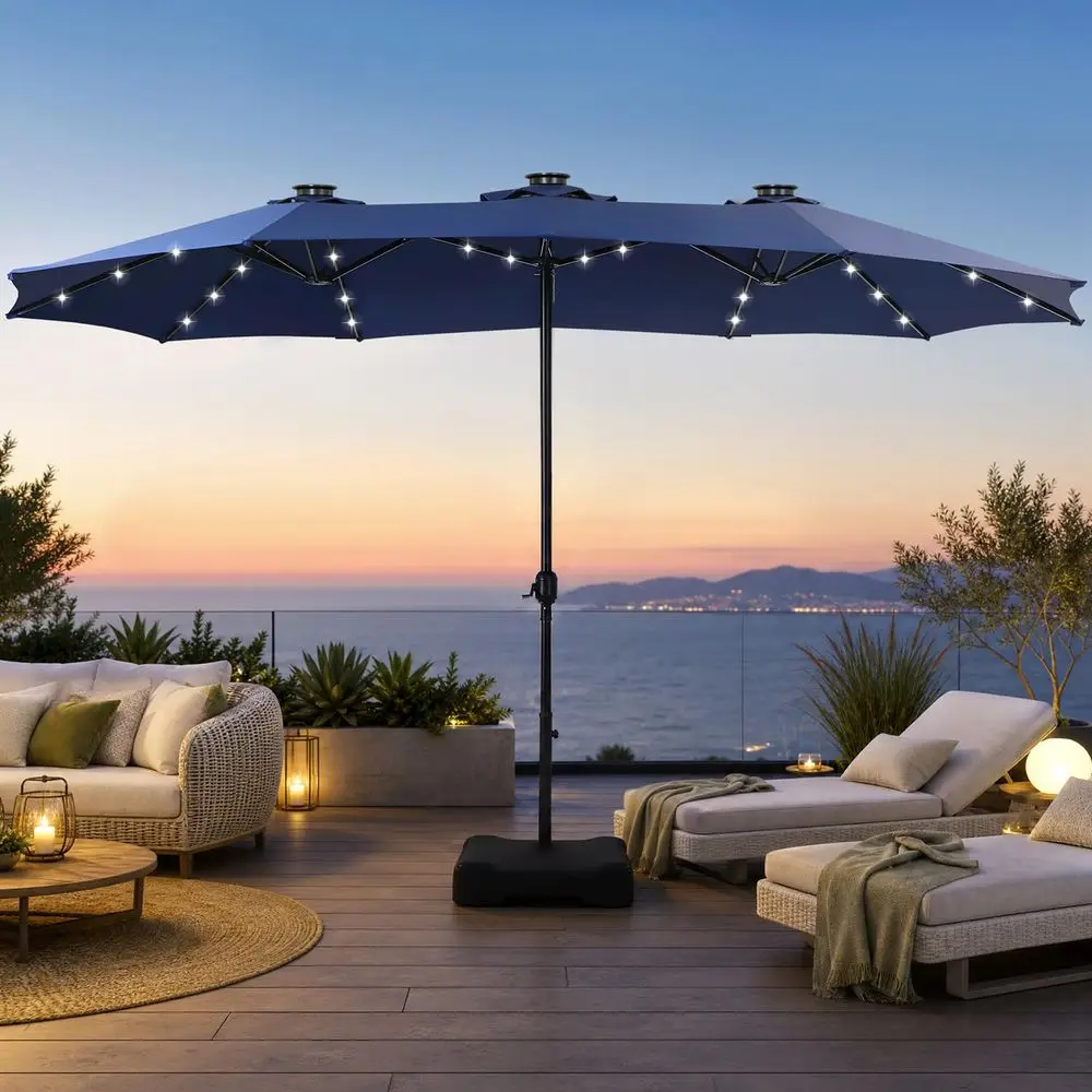 Sombrilla Grande para Patio Exterior con Luces LED Solares y Base Incluida, Sombrilla Rectangular de Doble Cara con Soporte, Mar