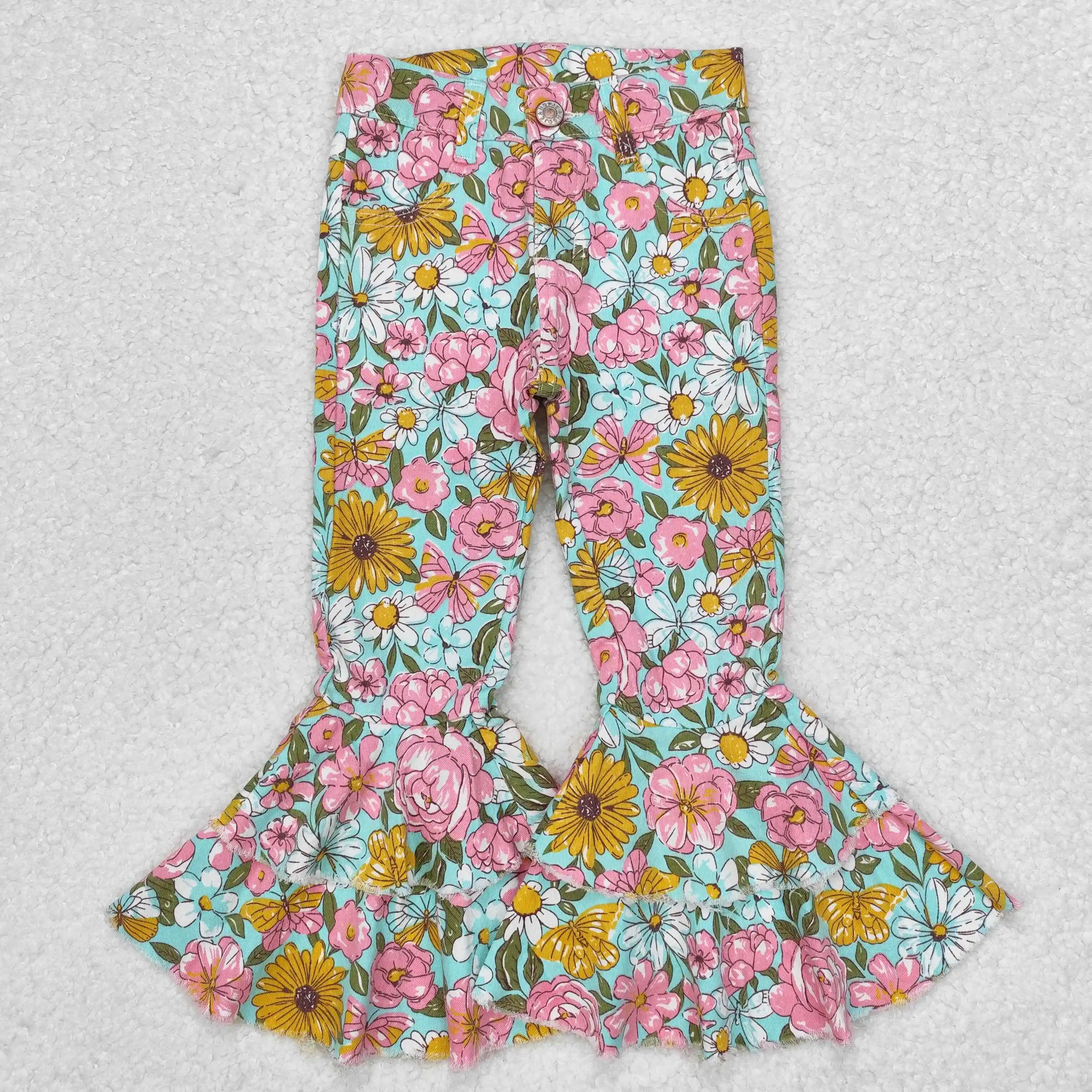 Wholesale Factory Toddler Zipper Bell Bottom Pants Kid Infant Pocket Colorful  Denim Baby Girl Flowers Trousers Children Jeans