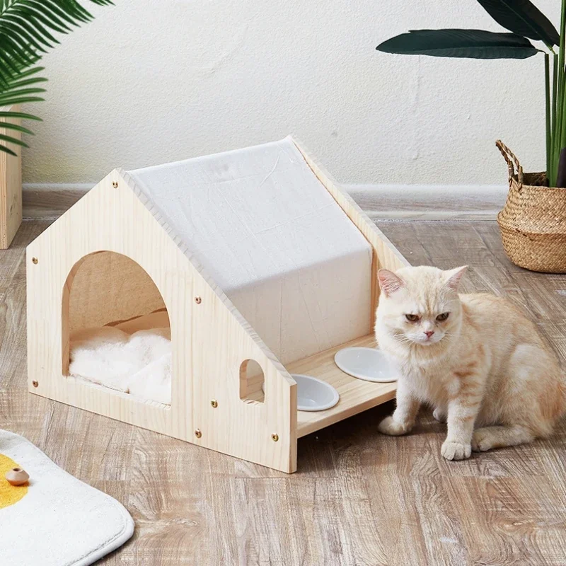 

Real Wood Cat House Condo Luxury Pet Cat Bed With Food Bowl Water Bowl Totally Enclosed Pet House for Small Dog Cats Puppy Beds