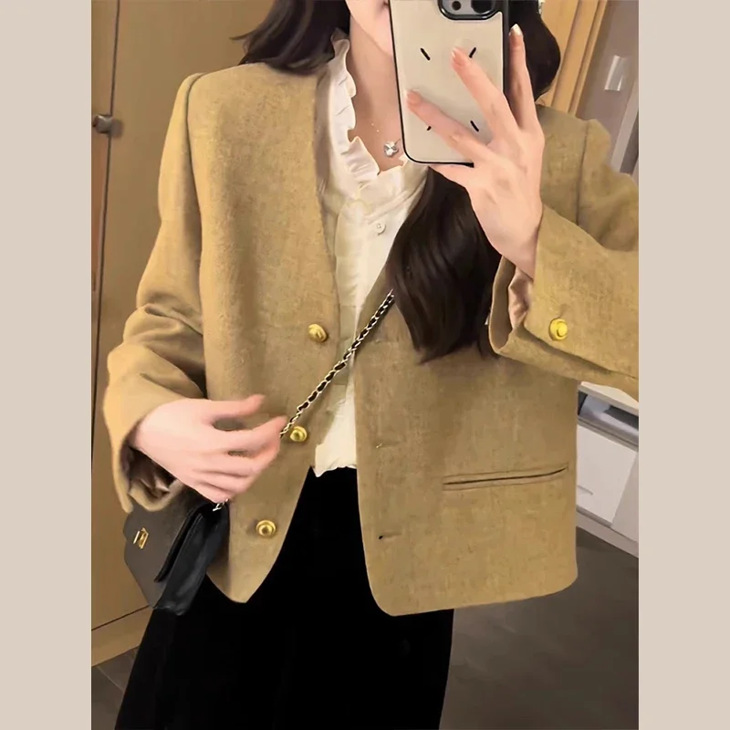 

Lnsozkdg Fashion Women Short Jacket 2024 New Autumn Winter Elegant Slimming Office Lady Cardigan Long Sleeve Coat Women Blazer