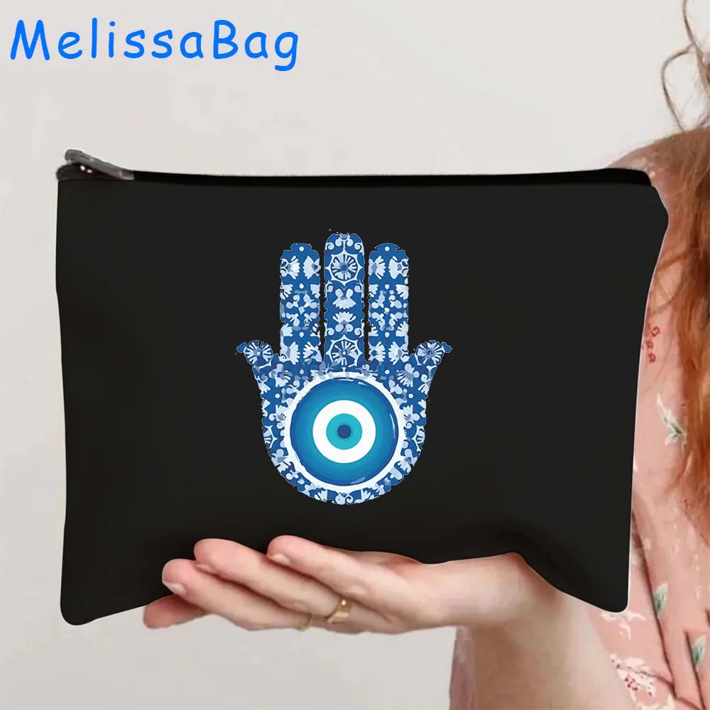 Greek Turkish Colorful Nazar Blue Evil Eye Hamsa Hand Girl Amulet GREECE Canvas Bag Cosmetic Makeup Bag Pencil Case Zipper Pouch