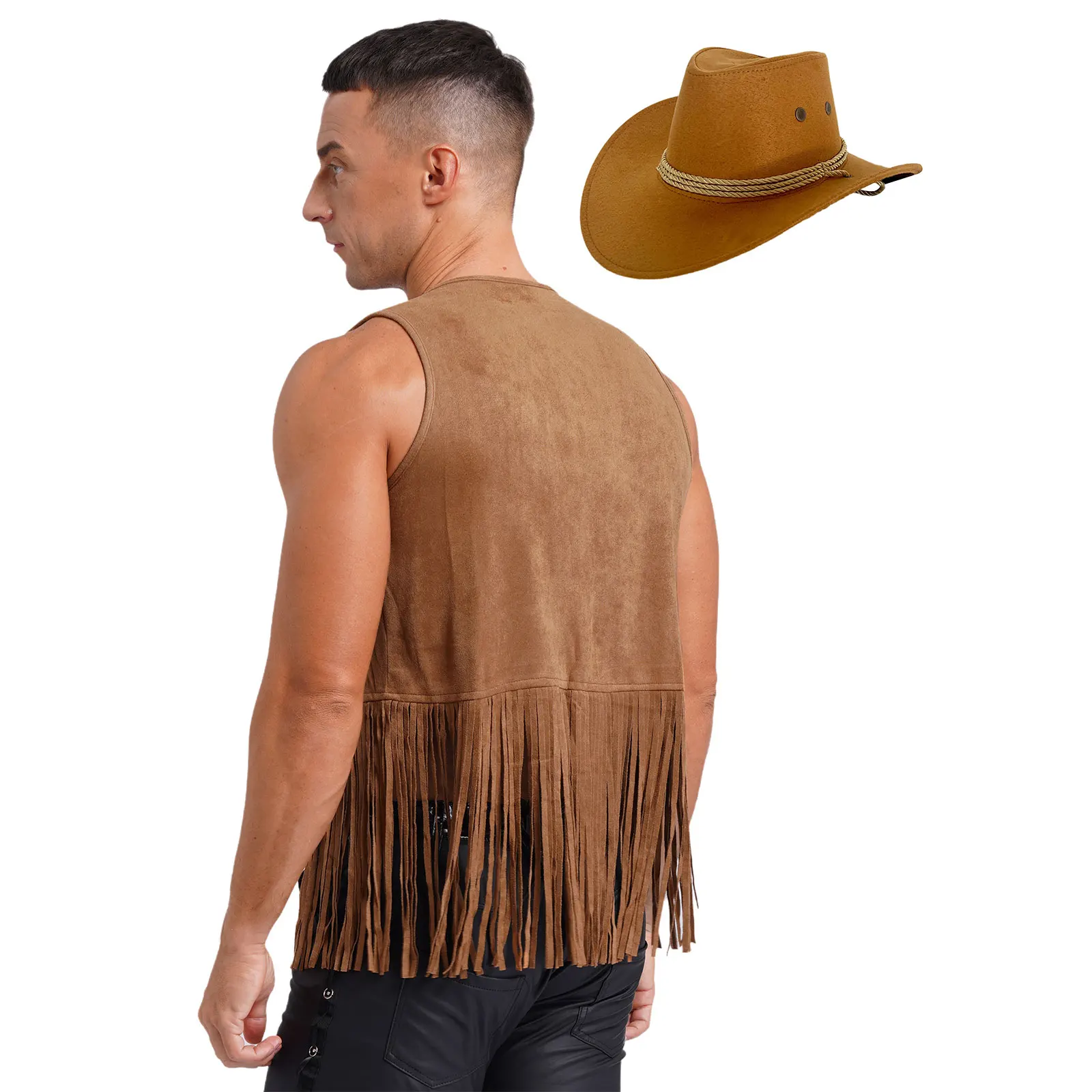 Männer Western Cowboy Cosplay Kostüm Set Cowboy Anzug Quaste Nieten offene Front Weste und Kordel zug Hut für Halloween-Party