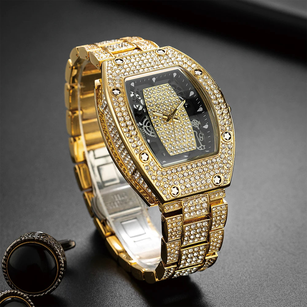 Brand Men Big Face Watch Fashion Tonneau Quartz Diamond Wristwatch Gold Stainless Steel Creative Relogio Men Gift Hot Sale