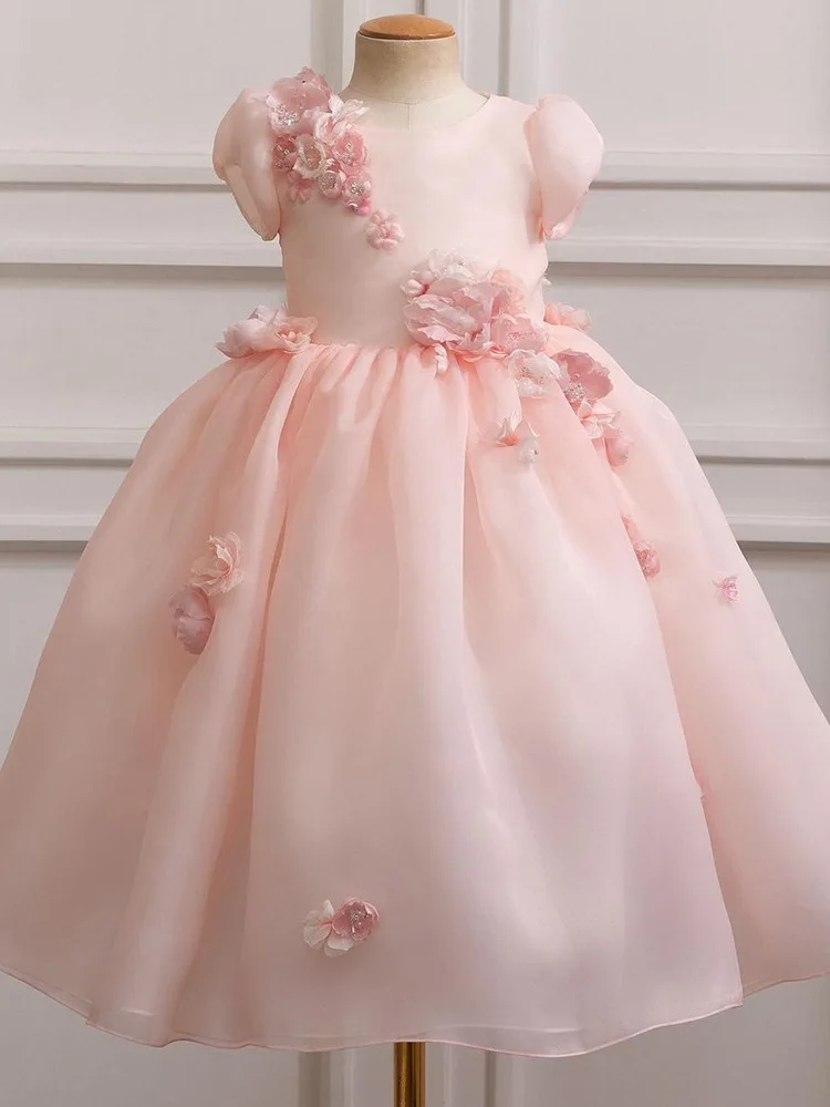 Little Girl Heavy Industry Flower Fluffy Skirt Pink Bubble Sleeves Princess SkirtFlower Dress For Weddings Kids