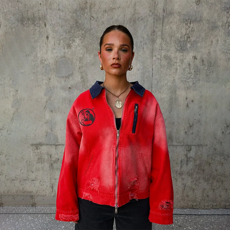 Y2K 빈티지 디스트레스드 재킷 레터 프린팅 그래픽 찢어진 디자인 대비 칼라 지퍼 재킷 남녀 패션 스트리트웨어