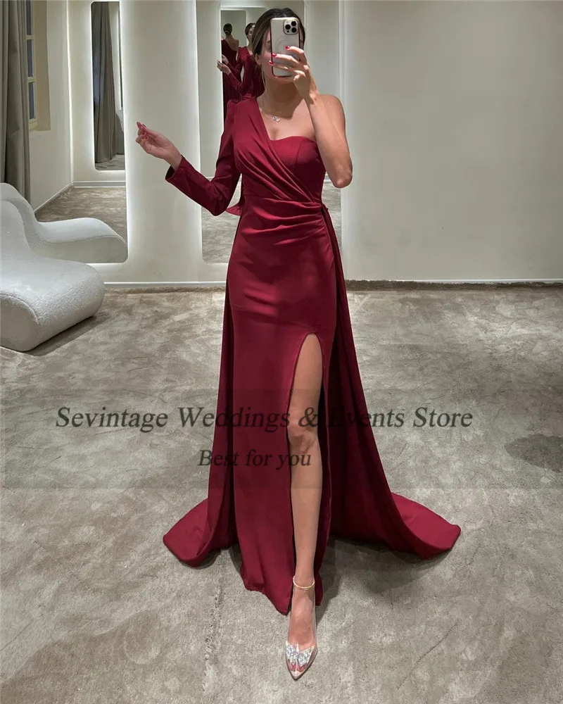 Sevintage Dark Green Saudi Arabic Prom Dresses One Shoulder Women Formal Evening Dress Side Side Split Spaghetti Outfits 2023