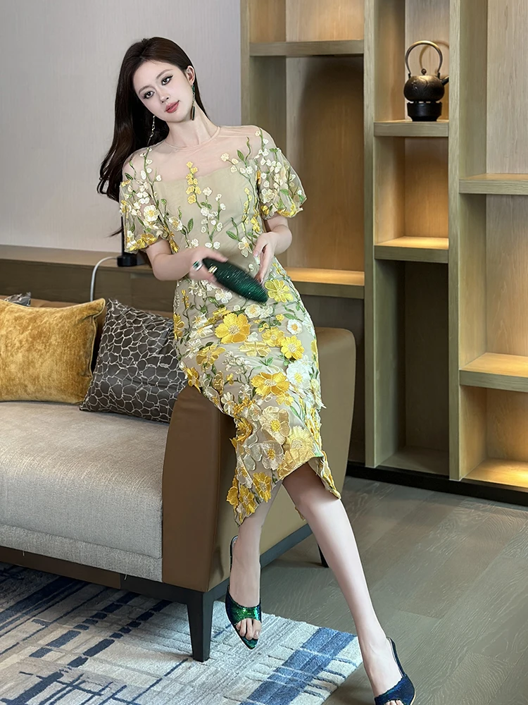 프랑스 우아한 사교계 명사풍 중공업 자수 라운드넥 반팔 하이웨이스트 슬림 힙 랩 롱 이브닝 드레스 여성용